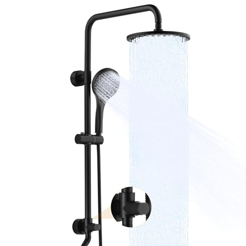 BRIGHT SHOWERS Rain Shower System Combo - 9 Inch Rainfall & Handheld Shower Heads with Power Wash, Solid Brass Rail, Height Adjustable Holder, 60 Inch Long Stainless Steel Hose, Matte Black - color: Matte Black, size: 1.8 Gallon Per Minute