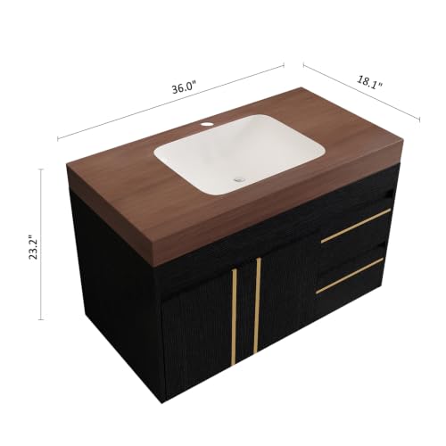 36" Wall-Mounted Bathroom Vanity with Sink, Floating Vanities Cabinet with Ceramic Basin Combo, Faux Marble Top Bathroom Sink Cabinet with 2 Doors and 2 Drawers, Plywood Frame, Walnut - color: Walnut