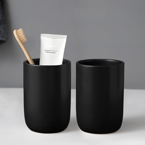 Matte Black Toothbrush Holders for Bathrooms - 2 Cups Ceramic Toothbrush Toothpaste Holders Set, Black Bathroom Tumbler Cups Reusable Toothbrush Cup Black Mouthwash Cup, Bathroom Counter Organizer - color: Black, size: 2pcs