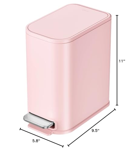 Cesun Small Bathroom Trash Can with Lid Soft Close & Pedal, 1.3 Gal, Pink | Removable Inner Bucket, Slim Stainless Steel Garbage Can for Bedroom/Office, Included 5 Trash Bags, Hidden Bag, Built to Last - color: Pink