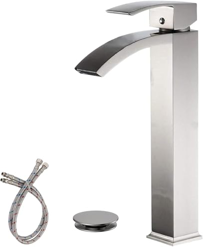 Brushed Nickel Vessel Sink Faucet, Waterfall Bathroom Faucets | Brass, Tall Spout, Single Handle 1 Hole Bathroom Faucet, Modern Basin Taps with Supply Line, Pop Up Drain, Without Overflow - color: Brushed Nickel, size: Tall