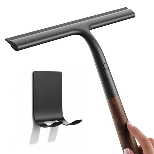 Shower Squeegee for Glass Doors, Streak-Free Silicone Window Cleaner with Detachable Wood Handle & Hook, Rust-Proof Bathroom Squeegee for Mirror, Tile Wall, Car Windshield, 10 Inch Black