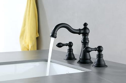 Matte Black 2-Handle 8 Inch Widespread Bathroom Faucet, 3 Holes | Derengge Traditional Widespread Sink Faucet, With Pop-Up Drain 360° Swivel Stainless Steel Spout,F-8805P-MT - color: Matte Black
