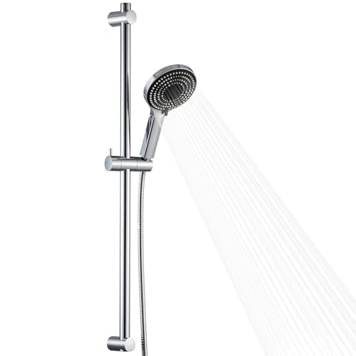 OFFO Shower Slide Bar Combo, Adjustable 33 in Slide Bar with 6-Mode High Pressure Handheld Shower Head and 60 in Stainless Steel Hose, Screw Wall Mounted, Chrome - color: Chrome, style: 33" Slide Bar & 60" Hose