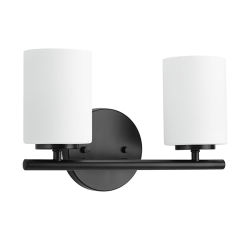 Progress Lighting 2-Light Bathroom Vanity Light, Modern Bath Lighting Fixture with Etched White Glass Shades for Over the Mirror, Reversible Mounting, Replay Collection, Textured Black - color: Textured Black, size: 2-Light