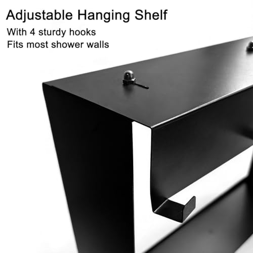 Hanging Shower Shelf with Hooks, Bathroom Caddy Shower Organizer for Shower Glass Panels, Over The Door Metal Shower Shelves for Bathroom, Black