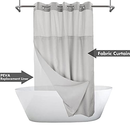 River Dream Extra Long No Hook Slub Textured Shower Curtain with Snap-in PEVA Liner Set - 71" x 86"(84"), Hotel Style with See Through Top Window, Grey Fabric Curtain & Waterproof Liner, Gray, 71x86 | 71W x 86H, Snap on/off Waterproof PEVA Liner, See Thro