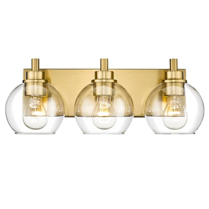 Bathroom Light Fixtures, 3-Light Brushed Gold Vanity Light, Modern Wall Sconces with Clear Glass Globe Shade, Bathroom Wall Lights for Mirror Kitchen Bedroom Hallway Living Room, VL195-GD-3 | 18" modern bathroom light fixtures over mirror, E26 base, bulbs