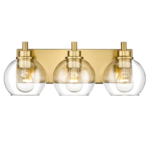 Bathroom Light Fixtures, 3-Light Brushed Gold Vanity Light, Modern Wall Sconces with Clear Glass Globe Shade, Bathroom Wall Lights for Mirror Kitchen Bedroom Hallway Living Room, VL195-GD-3 | 18" modern bathroom light fixtures over mirror, E26 base, bulbs