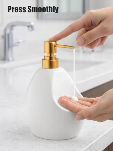Ceramic Soap Dispenser with Sponge Holder – White Refillable Dish Soap Dispenser for Kitchen Sink, 2-in-1 Sink Organizer with Pump Bottle & Tray – Modern Farmhouse Countertop Accessory - color: White
