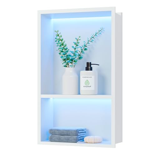 2-Tiers 12x18Inch Shower Niche with RGB LED Light Strips, White Recessed Wall Niche with Light, NO Tile Needed Cabinet Storage Organizer, Stainless Steel Bathroom Storage for Shower Wall - color: White, size: 12X18In