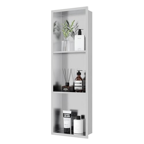 Qeke Stainless Steel Shower Niche 12" X 36", 3-Tiers Wall Niche, Brushed | No tile Needed, Recessed Niche for Bathroom Storage,Waterproof & Space Saving, Over Mount Installation - color: Brushed Nickel, size: 12" × 36"