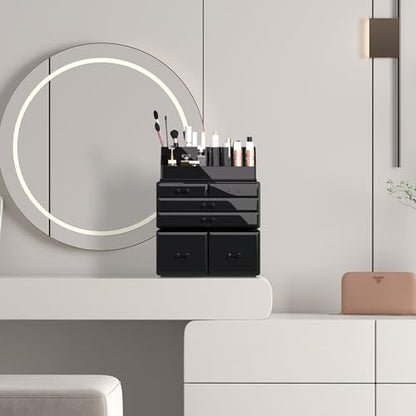READAEER Makeup Organizer 3 Pieces Cosmetic Storage Case with 6 Drawers (Black) - color: Black