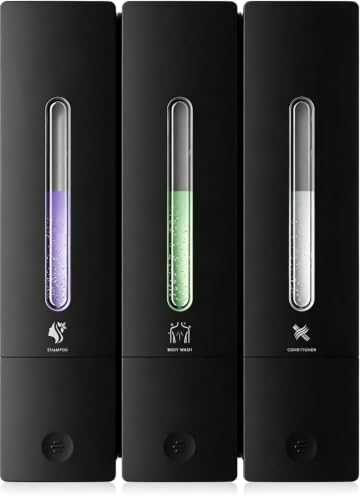 Shampoo and Conditioner Dispenser Wall Mounted for Bathroom Hotel | 1200ML Large Capacity,3-Chamber Shower Soap Dispenser, No-Drill Installation, Clog-Free Pump for Thick Liquids-Black