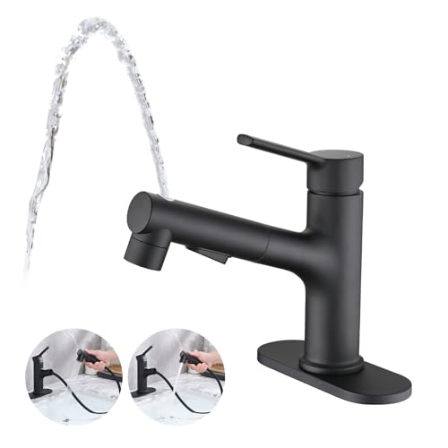 Bathroom Sink Faucet with Pull Out Sprayer, Single Handle Modern Bathroom Basin Faucet with Pop-up Sink Drain Stopper & Deck Plate 1 or 4-inch Centerset 3 Hole, Matte Black - color: Matte Black