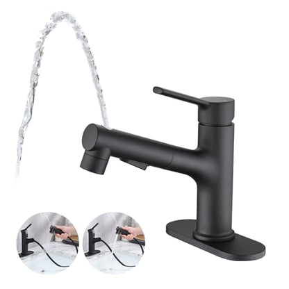 Bathroom Sink Faucet with Pull Out Sprayer, Single Handle Modern Bathroom Basin Faucet with Pop-up Sink Drain Stopper & Deck Plate 1 or 4-inch Centerset 3 Hole, Matte Black - color: Matte Black