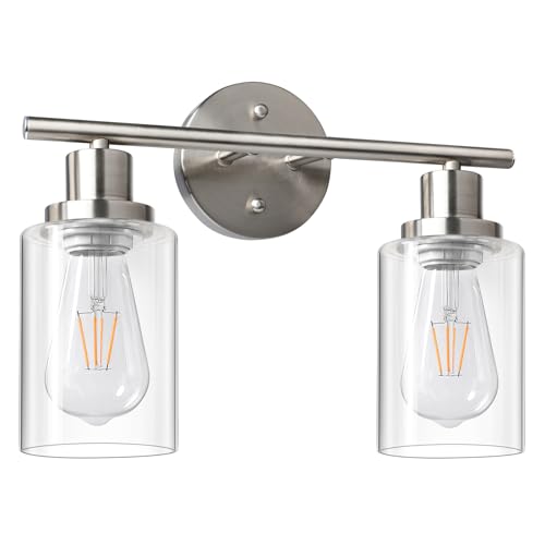 2 Light Vanity Lights, Brushed Nickel Wall Sconce Light with Clear Glass, Bathroom Light Fixtures, Wall Lights for Mirror, Living Room, Bedroom, Hallway, E26 Base (Bulbs Not Included) - color: Matt Nickel, size: 2 Light