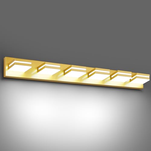 Modern LED Gold Acrylic Bathroom Lights Fixtures 6-Light | Wall Lighting,Vanity Lights for Bathroom Over Mirror 6000K 350°Rotate（No Assembly Required） - color: Gold, size: 41.73 in