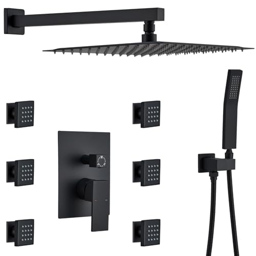Rain Shower System With Complete 6 Pcs Body Sprays Jets And Pressured Balance Rough-in Valve,12Inch Rainfall Shower Head And Handheld, Modern Matte Black Wall Mount Shower Faucets Sets - color: Matte Black, style: Wall-Mounted 6 Jets