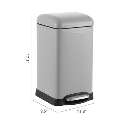 happimess Betty Retro Mini 3.2 Gal Step Trash Can, Gloss Gray | Soft-Close Lid, Removable Liner, Iron, Hands-Free Pedal, Non-Skid Base, Built-In Damper, Modern, Minimalistic - color: Fog Gray