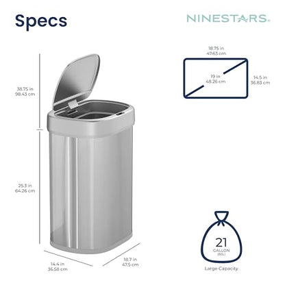 Ninestars DZT-80-24 Automatic Motion Sensor Trash Can with Adjustable Sensor Range, Stainless Steel Base, Silver Lid, 21 Gallon