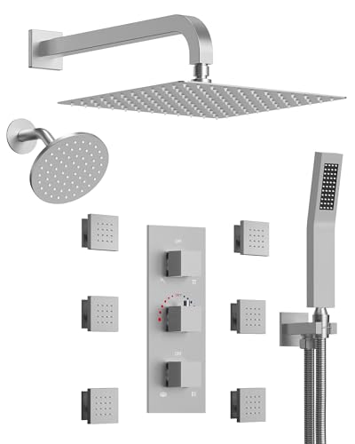 Wall Mount 12" High-Pressure Rainfall Shower Faucet, Dual Rainfall Shower Head System with 6 Body Jets (Brushed Nickel) | Wall Mount, High-Pressure, Dual Rainfall Shower Head System, 6 Body Jets - color: Brushed Nickel