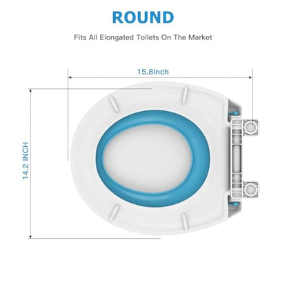 Blue Round Toilet Seat with Built-In Potty Training Seat for Adult and Child, Soft Quiet-Close Lid with Non-Slip Design, Magnetic Kids Seat, Easy to Install and Clean - color: Blue, with Toddler Seat, size: Round (17″)