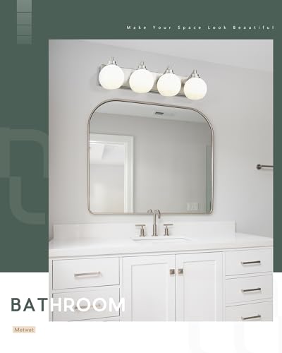 4-Light Brushed Nickel Bathroom Vanity Light, Milk Glass Globe Shade | 26" modern bathroom light fixtures over mirror, E26 base, bulbs not included, VL195-BN-ML-4 - color: Brushed Nickel, Milk Glass, size: 4-light