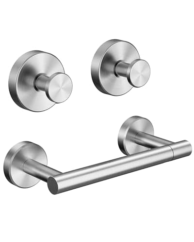 RARXTR 3PCS Bathroom Hardware Set, Brushed Nickel Wall Mounted Toilet Paper Holder, 2 Suction Cup Towel Hooks, Bathroom Accessories SUS 304 Stainless Steel, Rust-Proof, Modern - color: Brushed Nickel