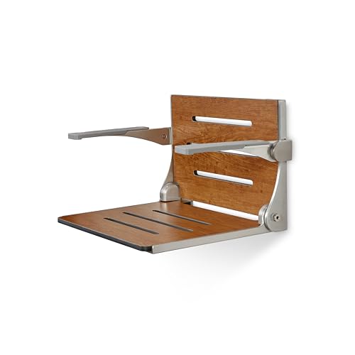 Seachrome Silhouette Comfort Folding Wall Mount Shower Bench Seat with Arms, Rustic Teak Seat with Silver Frame - color: Rustic Teak With Silver Frame