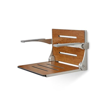 Seachrome Silhouette Comfort Folding Wall Mount Shower Bench Seat with Arms, Rustic Teak Seat with Silver Frame - color: Rustic Teak With Silver Frame