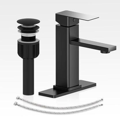 Bathroom Faucet Set with Pop Up Drain, Single Handle Black Bathroom Sink Faucet with Deck Plate, Farmhouse RV Vanity Faucets for Sink (1 Hole or 3 Holes) - color: 1.Matte Black, style: Short