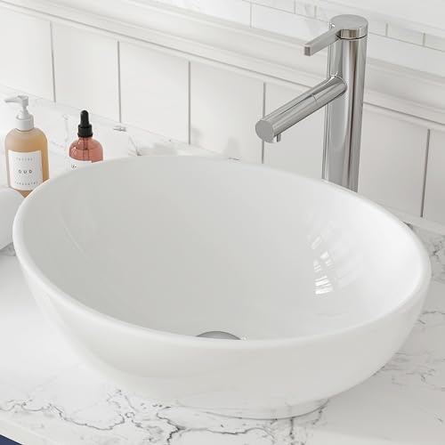 MEJE 16x13-Inch Oval White Ceramic Vessel Sink,Modern Egg Shape Bowl, Above Counter Bathroom Vanity Sink - color: Oval -White