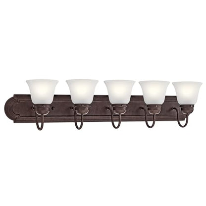 Kichler 5-Light Bathroom Vanity Light, Tannery Bronze | Damp-rated vanity light with satin etched glass (36" x 8" x 5"), 5339TZS - color: Tannery Bronze, size: 36"