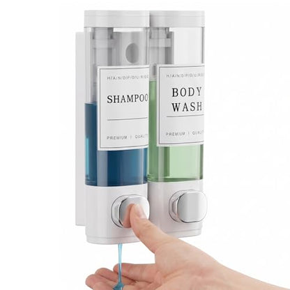 Shampoo and Conditioner Dispenser, Shower Soap Dispenser Wall Mounted, Shampoo Dispenser for Shower Wall No Drill, Bathroom Body Wash Dispenser 2 * 350ml White 2 Chamber - size: 2