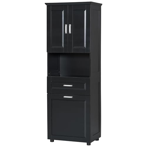 JIVOIT 70" H Tall Bathroom Cabinet with Laundry Basket, Double Cabinets with Doors and Open Storage Space, Tilt-Out Laundry Hamper and Upper Storage Cabinet (Black * 102) - color: Black * 102