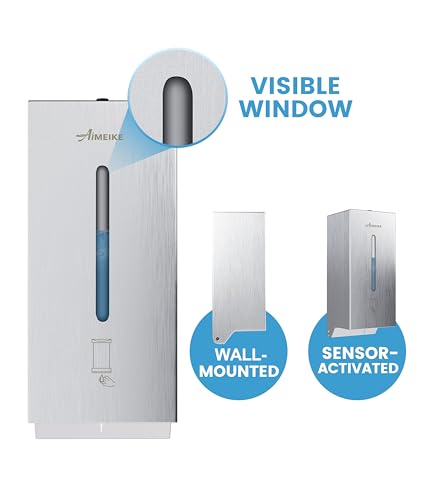 Commercial Automatic Wall-Mount Soap Dispenser, Stainless Steel | Touchless 800 mL commercial dispenser with stainless steel exterior, vertical window, keyed lock and 6 AA battery power. - color: 2003 Silver