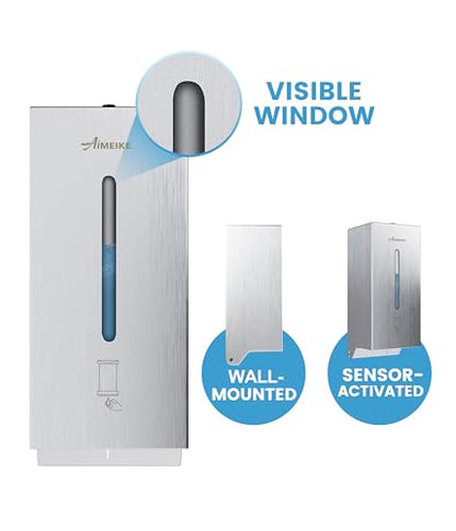 Commercial Automatic Wall-Mount Soap Dispenser, Stainless Steel | Touchless 800 mL commercial dispenser with stainless steel exterior, vertical window, keyed lock and 6 AA battery power. - color: 2003 Silver