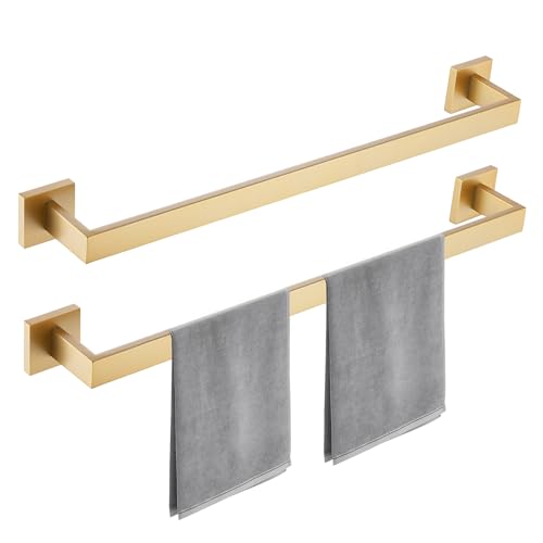 23.6 Inch Brushed Gold Bathroom Towel Bar Set, 2-Piece Square Wall Mounted Towel Rack, Wall Mounted 304 Stainless Steel Towel Holder for Bathroom - color: Brushed Gold, size: 2 pack