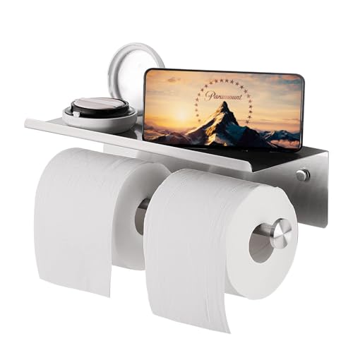 YUMORE Toilet Paper Holder with Shelf, Double Roll Holder, Brushed Nickel | 304 Stainless Steel, Wall Mounted, Anti-Drop Design, Raised Edge Shelf, Easy Installation, Rust Resistant for bathroom - color: Brushed Finish