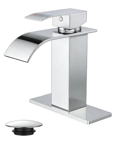 FORIOUS Bathroom Faucet 1 Hole, Waterfall Vanity Sink Faucet Chrome | Bathroom Sink Faucet 1 or 3 Hole, Square Single Handle with 24" cUPC Supply Line and Pop-up Drain, Fits RV Restroom Basin - color: Chrome