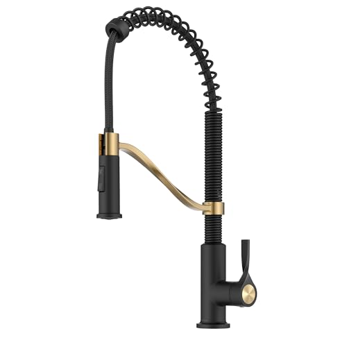 KRAUS Torak Pull Down Kitchen Faucet in Spot-Free Brushed Brass/Matte Black with Commercial Style Spring Spout, 2 Function Sprayer, Pre-Attached Water Lines, and Mounting Hardware, KPF-2635SFBBMB - color: Spot Free Brushed Brass/Matte Black, style: Commer