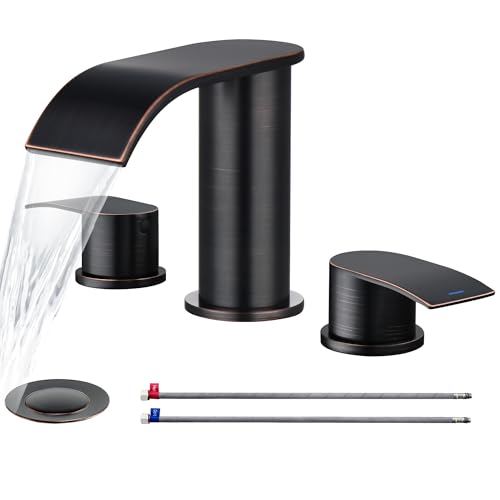 Ultimate Unicorn 8 inch Bathroom Faucet Oil Rubbed Bronze, Waterfall Bathroom Sink Faucet with Metal Pop-up Drain Stopper and 2 Supply Hoses,2 Handle Widespread Faucets for Vanity Sink 3 Holes | Bathroom Sink Faucet with Metal Pop-up Drain Stopper and 2 S