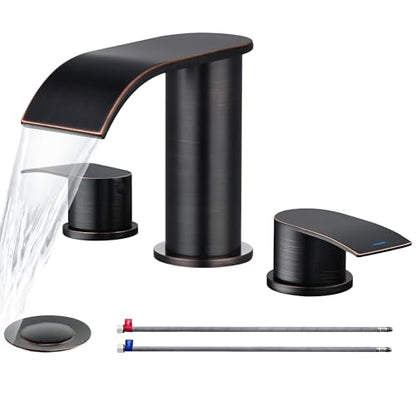 Ultimate Unicorn 8 inch Bathroom Faucet Oil Rubbed Bronze, Waterfall Bathroom Sink Faucet with Metal Pop-up Drain Stopper and 2 Supply Hoses,2 Handle Widespread Faucets for Vanity Sink 3 Holes | Bathroom Sink Faucet with Metal Pop-up Drain Stopper and 2 S
