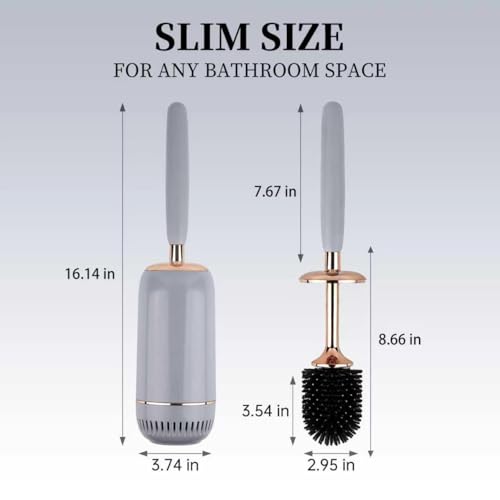 Toilet Brush and Holder Set, Toilet Bowl Brush with Long Handle, High-End Modern Silicone Toilet Brush Set, Non-Scratch Hygienic(Matte Grey + Gold, A),Father's Day - color: Matte Grey + Gold
