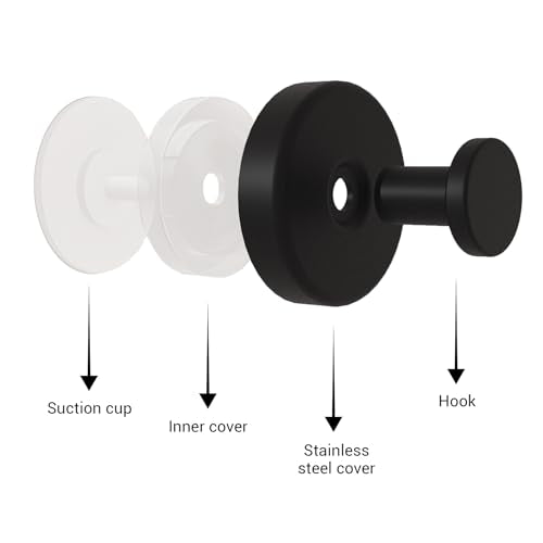 Suction Cup Hooks for Shower - 4 Pack, Matte Black - Stainless Steel, Strong Suction, No Drill, Removable Hanger, Tile Bathroom Kitchen Wall, Glass Door, Mirror Hook Hanging Robe, Towel Holder - color: Matte Black