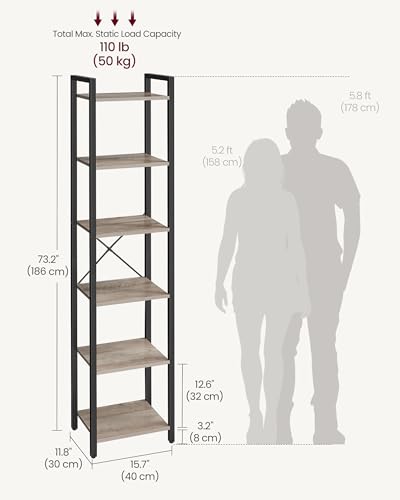 VASAGLE 6-Tier Bookshelf, Bookcase with Steel Frame, Book Shelf for Living Room, Home Office, Study, 11.8 x 15.7 x 73.2 Inches, Industrial Style, Heather Greige and Ink Black ULLS101B02 - color: Heather Greige + Ink Black, size: 6 Tiers (11.8"D x 15.7"W x