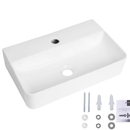 Wall Mounted Bathroom Vessel Sink, QISHKA 18" X 11" Rectangular Floating Ceramic Wash Hand Basin White Wall Hung Vanity Sink for Bathroom and Cloakroom - size: 18" x 11" x 4.3"