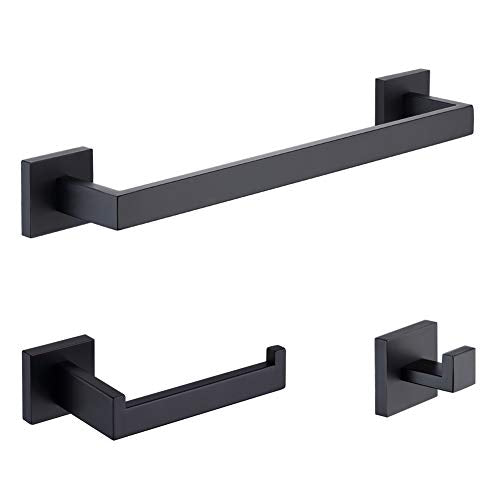 TASTOS 3-Piece Bathroom Hardware Set Matte Black Wall Mounted Bathroom Accessory Set, Premium Stainless Steel Robe Hook Toilet Paper Holder 16-Inch Towel Bar (Black) - color: Matte Black
