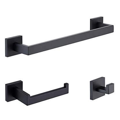 TASTOS 3-Piece Bathroom Hardware Set Matte Black Wall Mounted Bathroom Accessory Set, Premium Stainless Steel Robe Hook Toilet Paper Holder 16-Inch Towel Bar (Black) - color: Matte Black